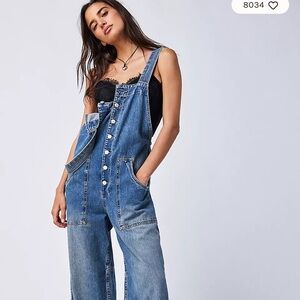 Free People We The Free Field of Flowers Overalls Womens XS Tie Back Blue Denim